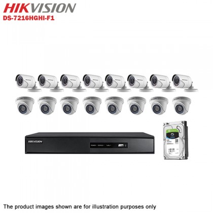 Hikvision Turbo HD 16 Channel CCTV DVR DS-7216HGHI-F1 + Hikvision 1MP 720P Bullet Camera DS-2CE16C0T-IRP & Dome Camera DS-2CE56C0T-IRP + 3TB Seagate Skyhawk CCTV HDD